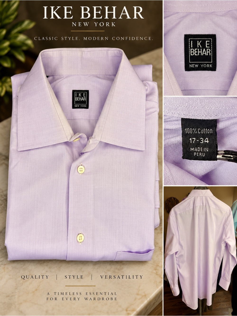 Ike Behar New York Men’s Dress Shirt 17-34 Lavender Pink 100% Cotton Long Sleeve